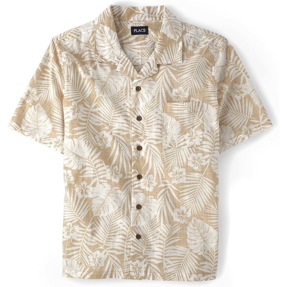 The Children's Place Mens L Tropical Hawaiian Camp Shirt Tan Boho Resort Vacay